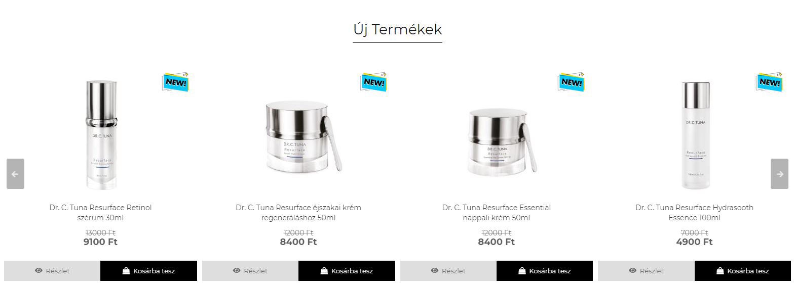➡️ Dr. C. Tuna Resurface Retinol szérum 30ml ➡️ Dr. C. Tuna Resurface éjszakai krém regeneráláshoz 50ml ➡️ Dr. C. Tuna Resurface Essential nappali krém 50ml ➡️ Dr. C. Tuna Resurface Hydrasooth Essence 100ml