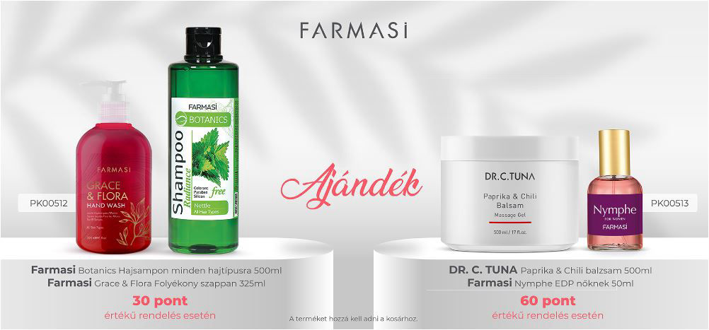 🌟👉🔶 Farmasi - Botanics Hajsampon minden hajtipusra 500 ml, 👉🔶 Farmasi - Grace & Flora folyékony szappan 325 ml, 👉🔶 DR.C.Tuna - Paprika & Chili balzsam 500 ml, 👉🔶 Farmasi - Nymphe EDP nőknek 50 ml